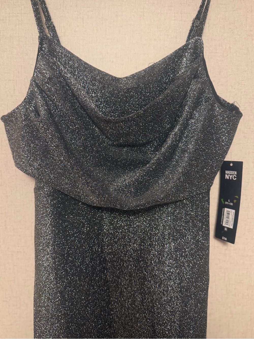 Madden NYC Metallic Black Cowl Neck Dress